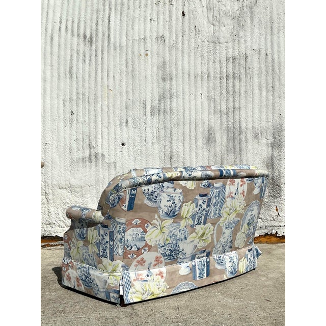 Ecru Vintage Regency Blue and White Vase Printed Loveseat For Sale - Image 8 of 11