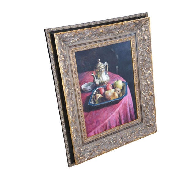 Large and impressive Italian still life painting, circa last quarter 20th Century. Features an ornate silverplate tea pot,...