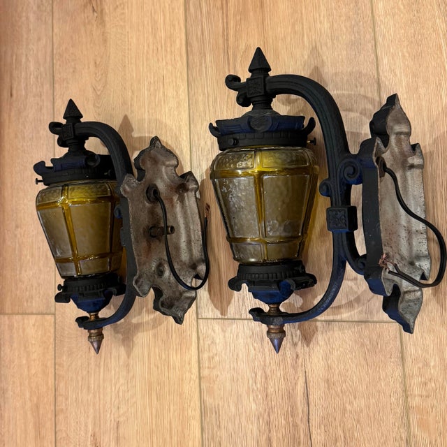 Rare Vintage Hammered Amber Glass Lanterns – Matching Set of Three (Hanging Pendant & Pair of Wall Sconces) For Sale In Milwaukee - Image 6 of 6