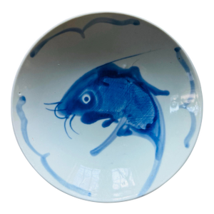 Vintage Hand-Painted Chinese Koi Fish Serving Bowl | Royal Blue and White Porcelain | 9 Inch Decorative Dish