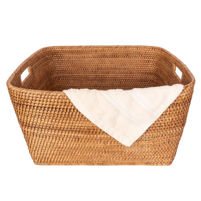 Boho Chic Artifacts Saboga Home Family Basket with Cutout Handle in Honey Brown For Sale - Image 3 of 13