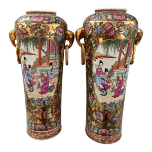 Vintage Chinese Export Famille Rose Mantel Vases With Elephant Ring Handles - a Pair
