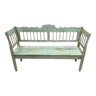 Antique Belgian Pale Blue Painted Wood Bench For Sale
