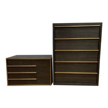 Restoration Hardware Calvin Left Closed Nightstand And Bezier Five Drawer Narrow Dresser In Brown Oak Burnished Brass Chairish