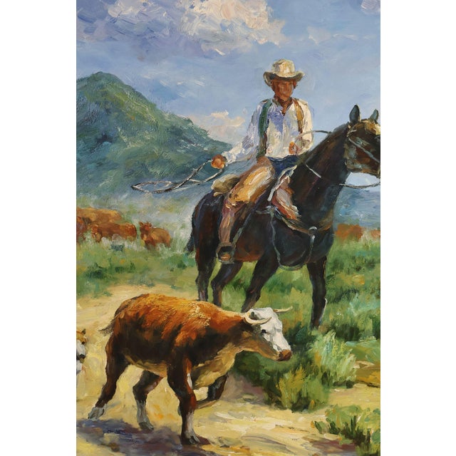 Wood Late 20th Century Western Cowboy on Horse Oil Painting on Canvas 55" x 43" Signed 'S. T. Cesent' in Gold Gilt Frame For Sale - Image 7 of 18