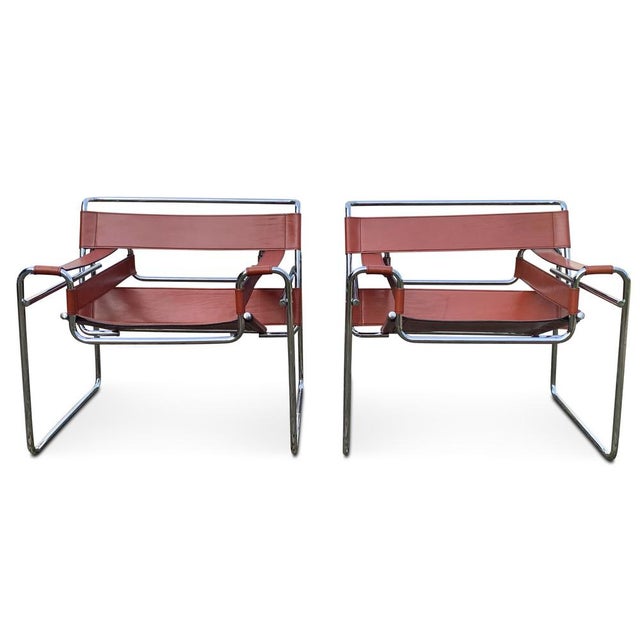 Metal Wassily B3 Armchairs in Chrome and Tan Leather by Marcel Breuer, Set of 2 For Sale - Image 7 of 12