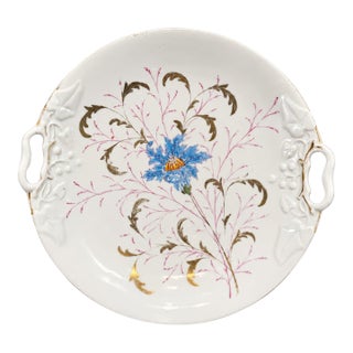 Antique 19th Century Continental European Hand-Painted Porcelain Handled Cake Plate - Circa 1880 For Sale