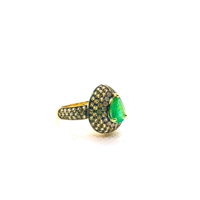 Bochic "Orient" Vintage Emerald & Fancy Yellow Sapphire Ring Set In 18K Gold & Silver, Size 6.5 For Sale - Image 4 of 18