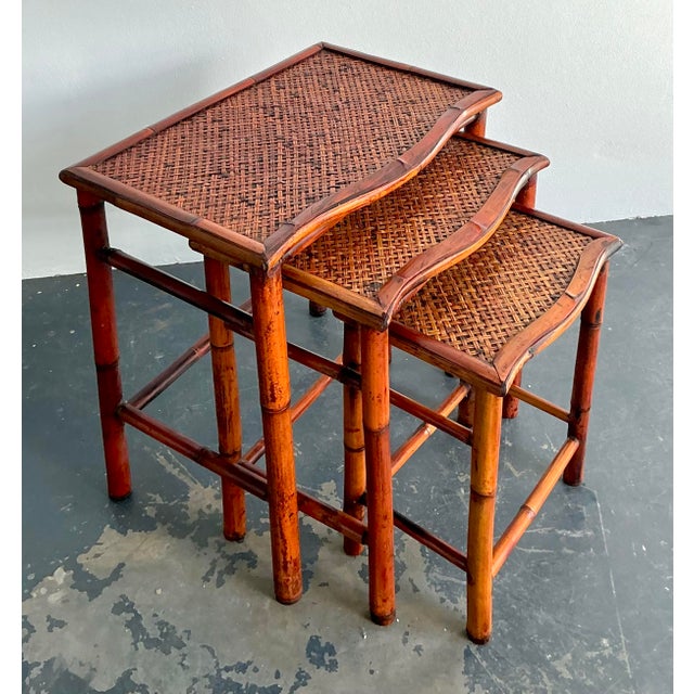 Rustic Vintage Boho Woven Rattan Nesting Tables - Set of 3 For Sale - Image 3 of 12