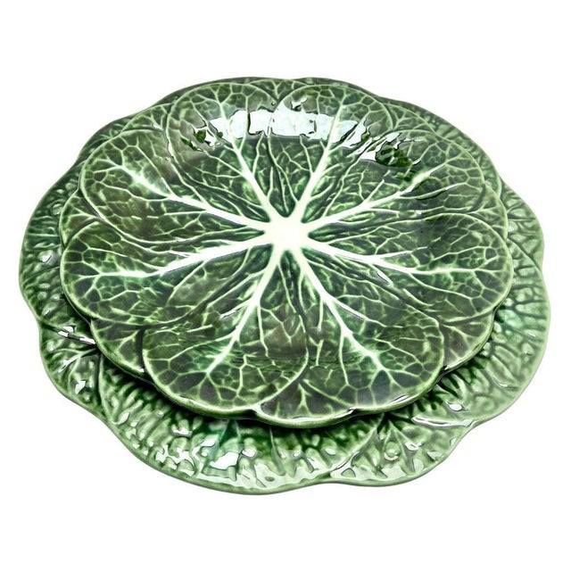 Ceramic Art Nouveau Majolica Glazed Tableware with Leaves Pattern in Relief, 1930s, Set of 10 For Sale - Image 7 of 15
