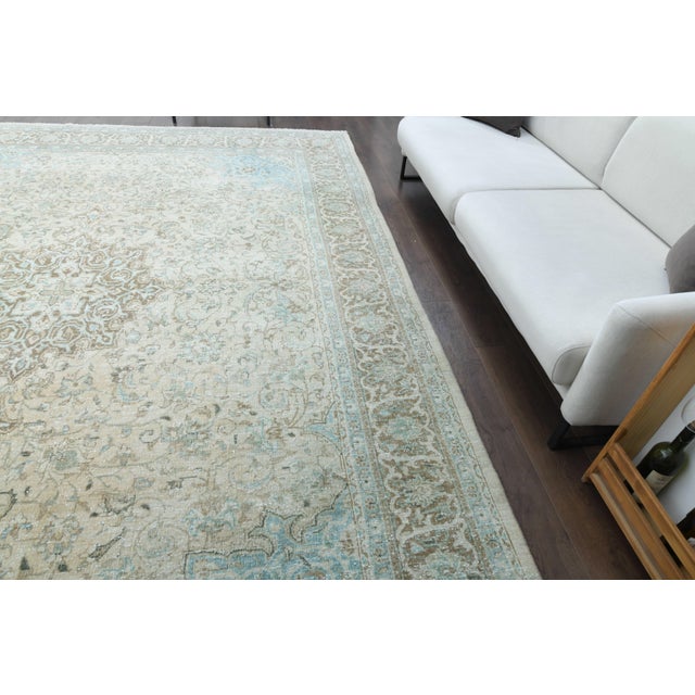 1970s Vintage Persian Handmade Wool Cotton Beige Blue Area Rug For Sale - Image 4 of 11