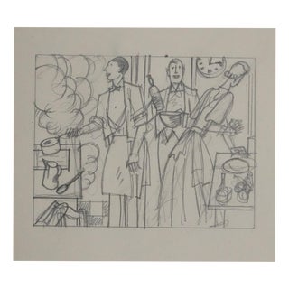 Jean-Emile Laboureur, In the Kitchen, 1937, Pencil on Paper For Sale