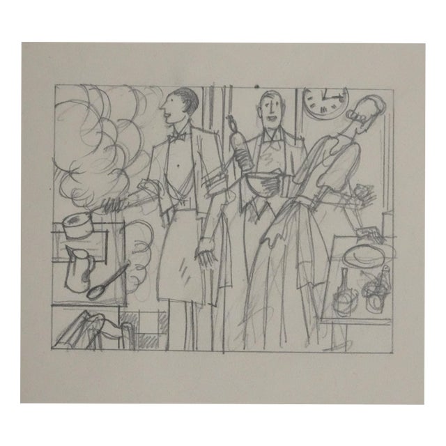Jean-Emile Laboureur, In the Kitchen, 1937, Pencil on Paper For Sale