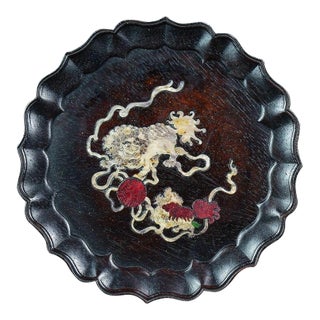 Vintage Chinese Zitan Wood Scalloped Tea Tray With Mother of Pearl Fu Lion & Ball Inlay For Sale