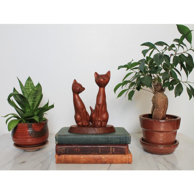 Vintage Hand-Carved Wooden Siamese Cat Figurine on Wood Base For Sale - Image 11 of 12