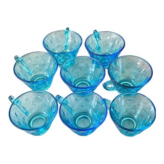 Vintage Mid-Century Modern Hazel-Atlas Capri Dots Aqua Blue Glass Teacups – Set of 8 For Sale