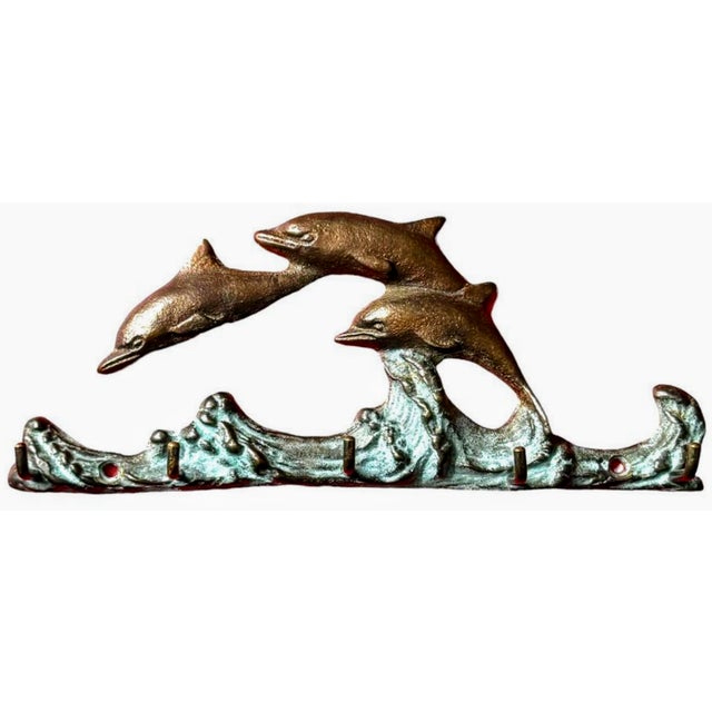 Rustic 1970s Jumping Dolphins Brass/Verde Gris 5 Key Hook Rack For Sale - Image 3 of 3