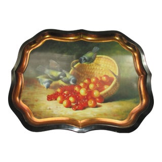 Vintage 1990's Iam Logan Style Blue Birds & Cherries Metal Toleware Serving Tray For Sale