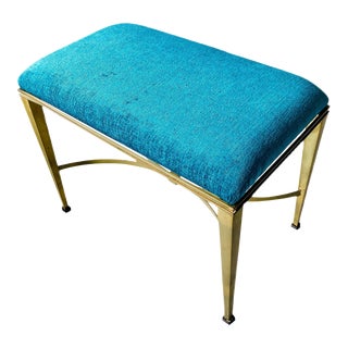 1950s Vintage Peacock Blue Velvet and Brass Bench For Sale