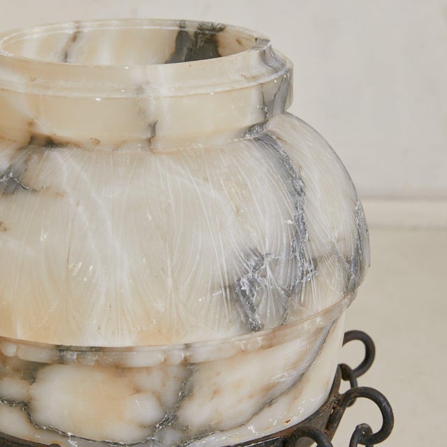 Metal Vintage French Alabaster Vase with Wrought-Iron Stand - 2 Available For Sale - Image 7 of 10