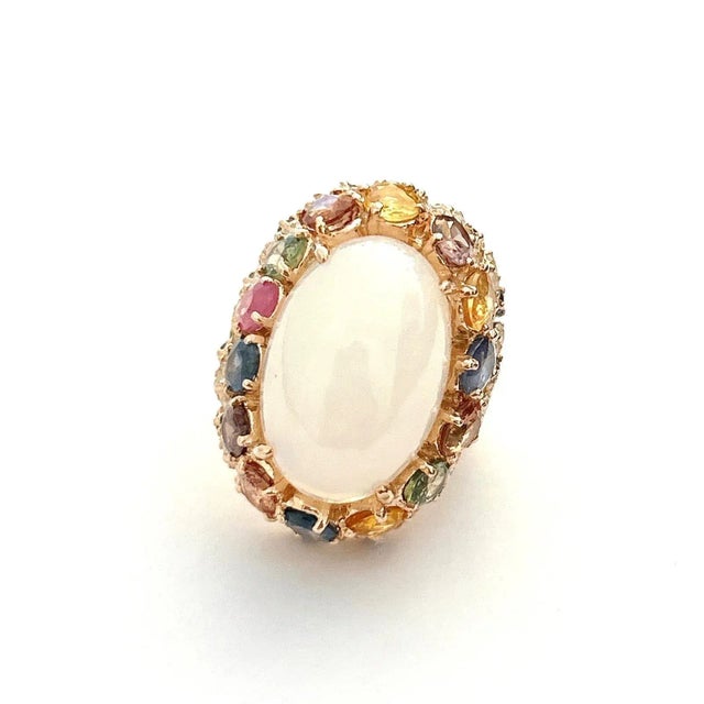 Bochic “Flamenco” Opal & Multi Fancy Color Sapphires Cocktail Ring 18K Gold, Size 8.5 For Sale - Image 4 of 7