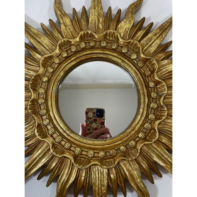 Vintage 16.5" French Style Gilded Resin Sunburst Wall Mirror For Sale - Image 9 of 16