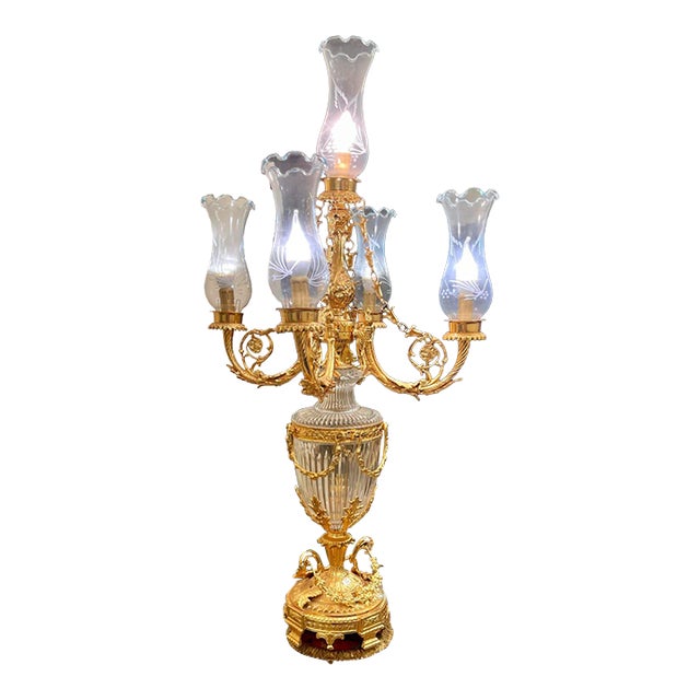 French Empire Crystal Candelabra Table Lamp – 5 Light Gilt Bronze Centerpiece For Sale