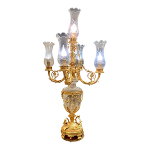 French Empire Crystal Candelabra Table Lamp – 5 Light Gilt Bronze Centerpiece