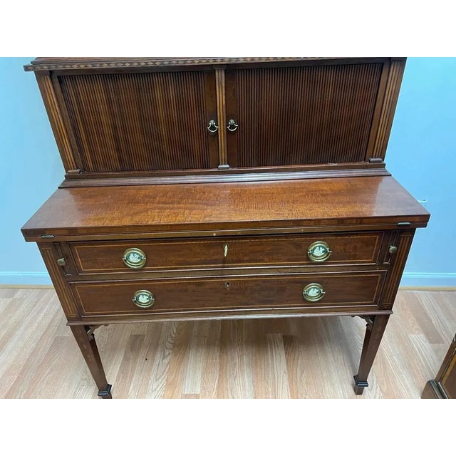 Federal Style Inlaid Mahogany Bubble GlassTambour Front Desk With Bookcase Top With Keys. Circa 1900s. For Sale In Washington DC - Image 6 of 12
