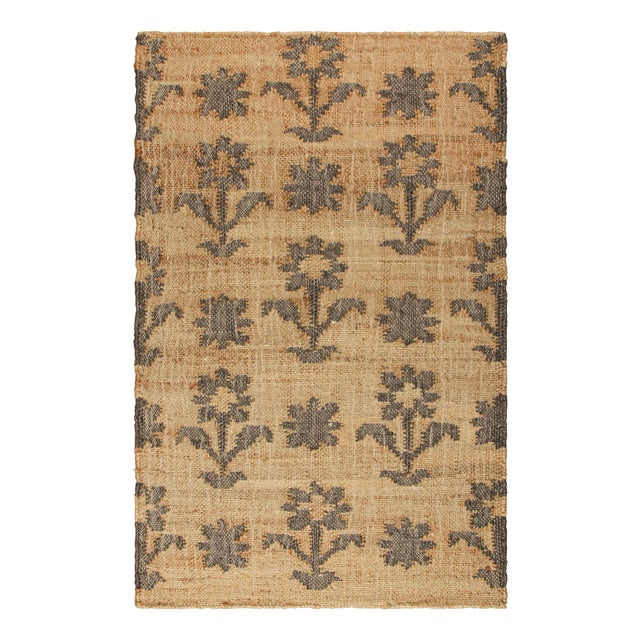 Rug & Kilim's Block Print Flatweave Rug in Beige with Brown Floral Patterns - 14x24 For Sale