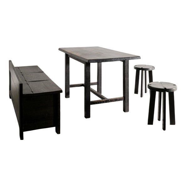 Mid-Century Modern French Wooden Cabin Dining Set in Dark Stained Oak, 1950s, Set of 4 For Sale