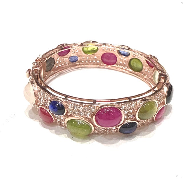 Bochic “Capri” Vintage Ruby & Fancy Sapphire Bangle Set In 18K Gold & Silver For Sale - Image 11 of 12