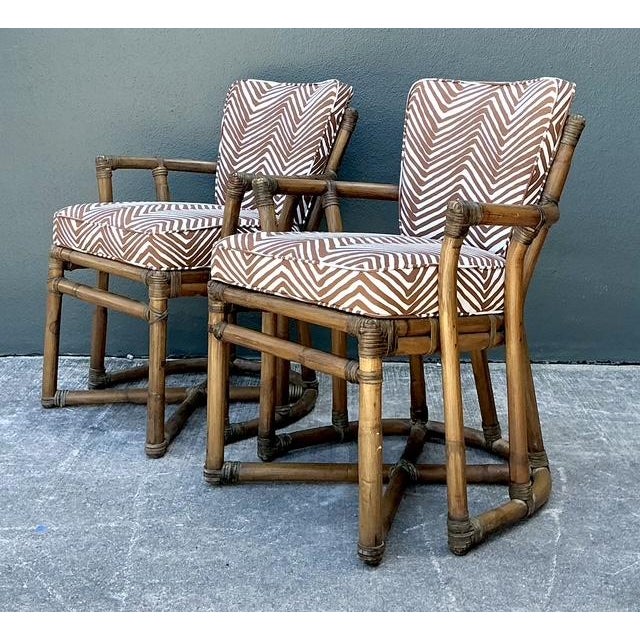 McGuire Vintage McGuire Rattan Lounge Chairs in Quadrille Alan Campbell “Zig Zag” - A Pair For Sale - Image 4 of 12