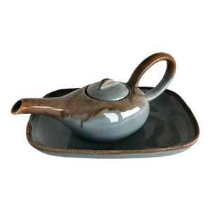 Mid 20th Century Atomic Age Ceramic Teapot + Under Plate Set by Brock of California