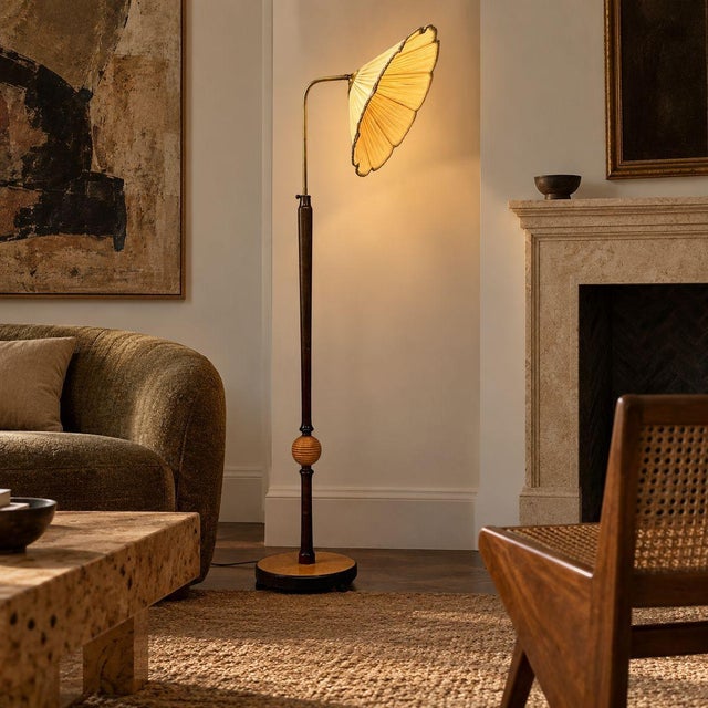 Swedish Art Deco, Adjustable Floor Lamp, Birch, Wood, Brass, Tan Pleated Shade, Sweden, 1930s Art deco floor lamp designed...