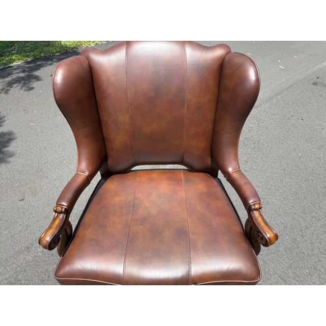 Burnt Umber Traditional Leather Wingback Armchair For Sale - Image 8 of 12