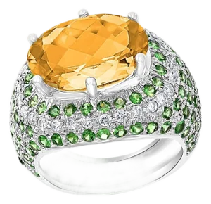 7 Carat Oval Citrine Tsavorite and Diamond Ring in 18 Karat White Gold, Estate