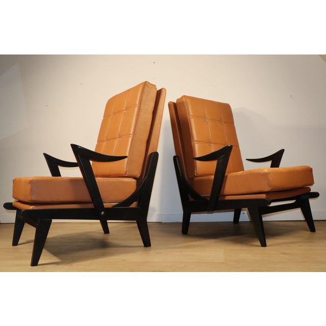 Mid-Century Modern Vintage Armchair in Black Wood and Caramel Leather, 1950s For Sale - Image 3 of 18