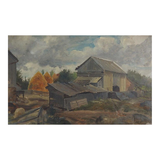 Vintage Early 20th Century European Rustic Farm Painting For Sale