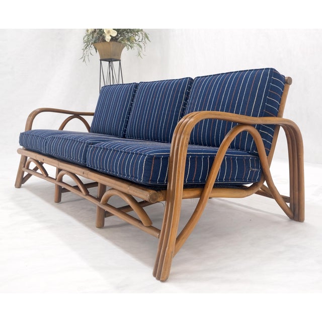 Mid 20th Century 1970s Striped Blue Upholstery Bamboo Frame Mid Century Modern Sofa MINT! For Sale - Image 5 of 17
