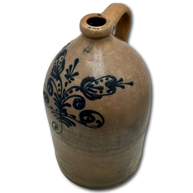 American Great Mid 1800s Antique American 2 Galllon Stoneware Jug With Bold Artiscally Hand Decorated Navy Blue Flower Design For Sale - Image 3 of 18
