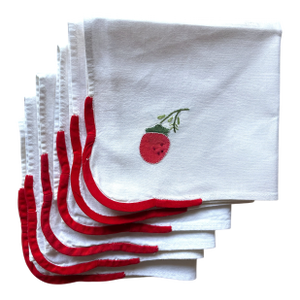 1980s White and Red Embroidered Scalloped Red Strawberry Cherry Linen Cocktail Table Napkins- Set of 6