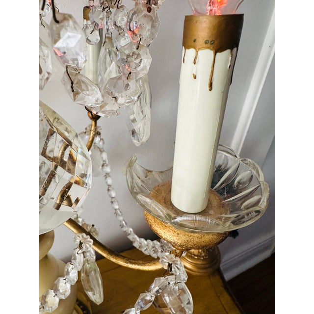 Glass Mid 20th Century Pale Yellow Onyx and Crystal Candelabra Lamp For Sale - Image 7 of 9