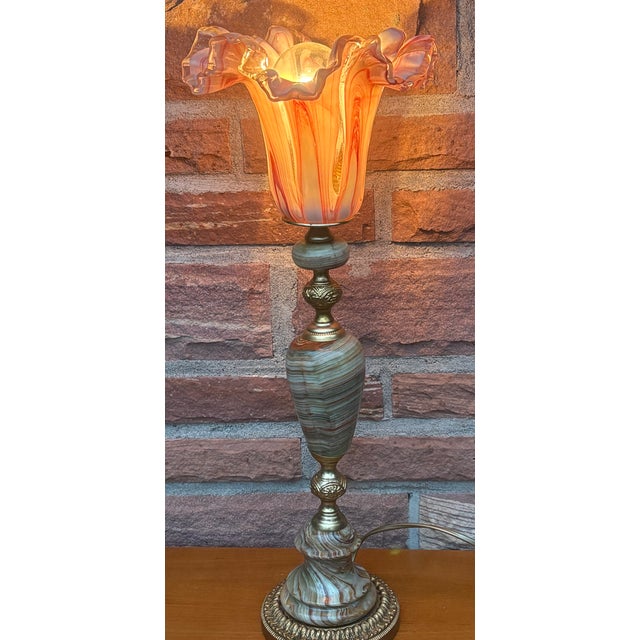 Vintage Brass and Onyx Glass Shade Table Lamp, 1960s For Sale - Image 11 of 12
