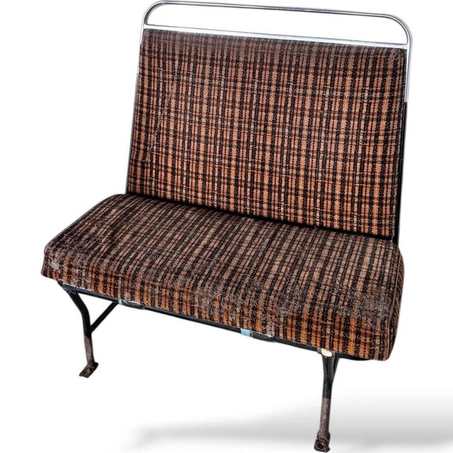 Vintage Industrial Bench with Orange Check Upholstery and Chrome Rail For Sale - Image 4 of 9