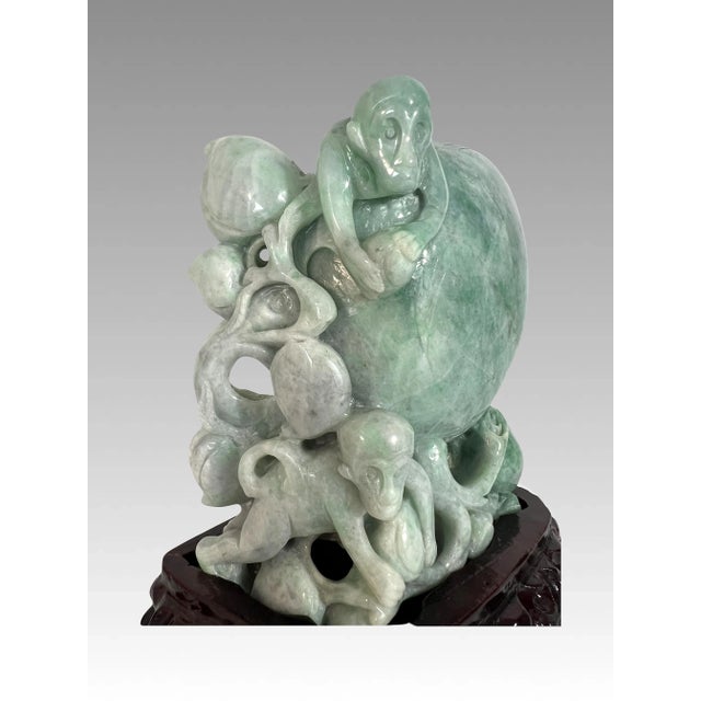 Solid Jade Carving of Auspicious Peach With Playful Monkeys on Custom Stand, Chinese Natural Green For Sale - Image 9 of 11
