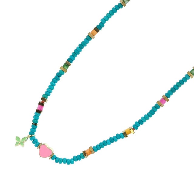 Turquoise Lucky Heart & Butterfly Turquoise Charm Necklace For Sale - Image 8 of 9