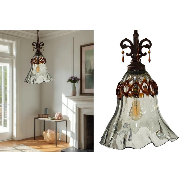 Art Glass Fazzolletto Transparent Amber Lattice Pendant Light For Sale - Image 10 of 17