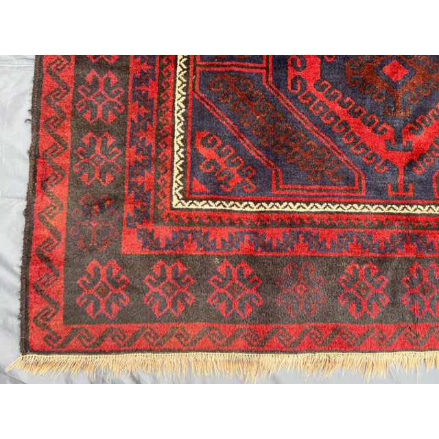 Vintage Afghan Hand-Knotted Baluchi Soft Rug, Red & Blue Tribal Design, Wool Pile Rug For Sale - Image 10 of 10