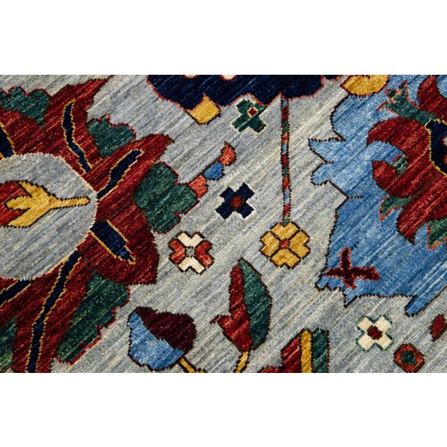 Light Gray Modern Serapi Style Handmade Floral Designed Light Gray Wool Rug For Sale - Image 8 of 10